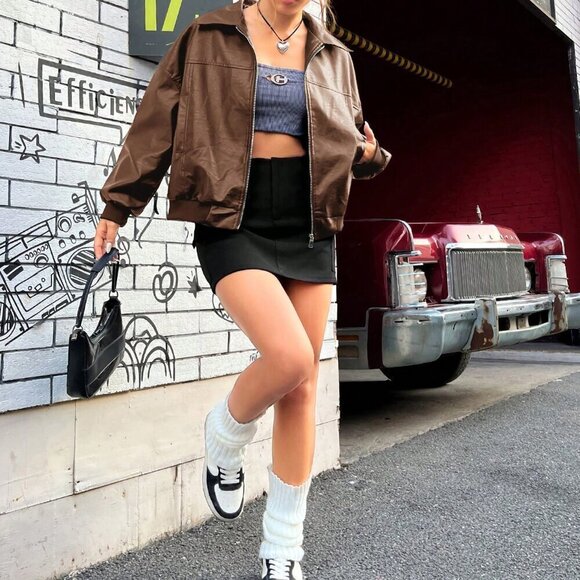 Brown Casual Women's Drop Shoulder Zipper Patent Black Jacket - Picture 6 of 6